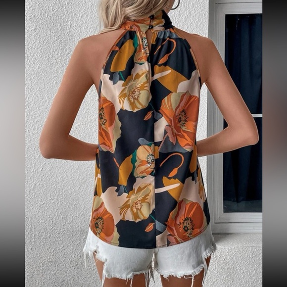 Boho Floral Print Criss Cross Twisted Front Halter Top Blouse Shirt - Picture 3 of 6